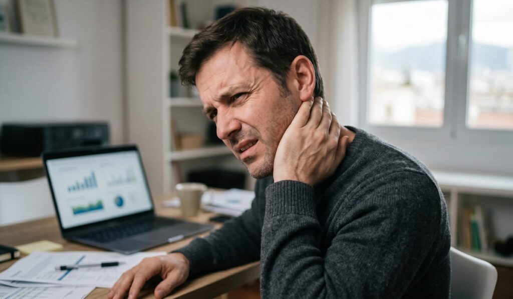hombre con dolor de cervical y la mandíbula